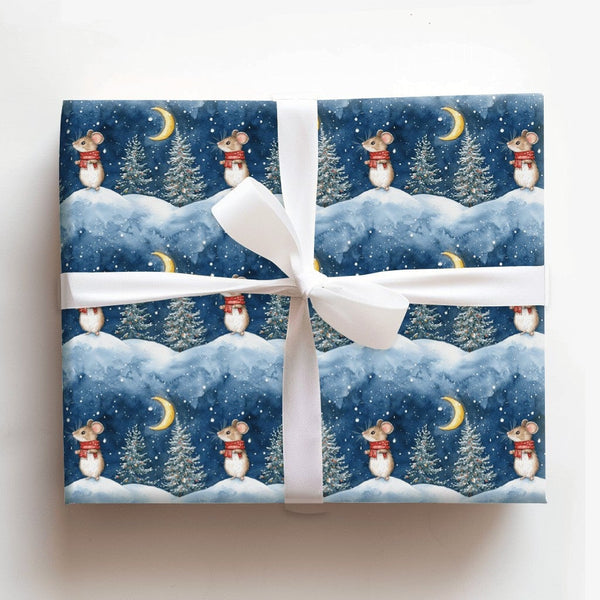 Adorable Scarf Mouse Gift Wrap, Winter Mouse Christmas Wrapping Paper, Watercolor Holiday Wrapping Paper, Snowy Night Animal 