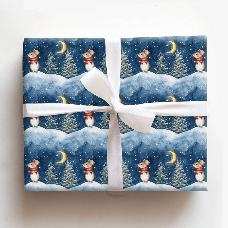 Adorable Scarf Mouse Gift Wrap, Winter Mouse Christmas Wrapping Paper, Watercolor Holiday Wrapping Paper, Snowy Night Animal Gift Wrap Roll
