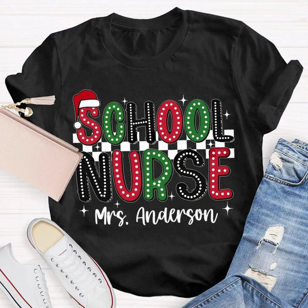 Custom Name Santa Hat Graphic Tee, Personalized School Nurse Christmas Shirt, RN Nurse Holiday T-Shirt, Healthcare Staff Xmas