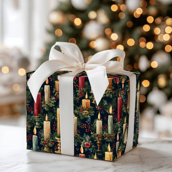 Holly Berry and Pine Wrapping Paper, Vintage Christmas Candle Wrapping Paper, Traditional Holiday Wrapping Paper, Winter Gift