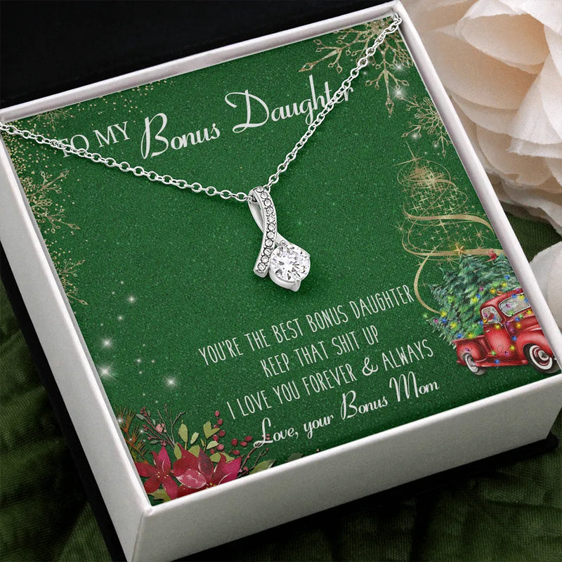 Stepdaughter CZ Ribbon Pendant, Bonus Daughter Ribbon Necklace, 14k White Gold Ribbon Necklace, Christmas Holiday Keepsake Jewelry Present