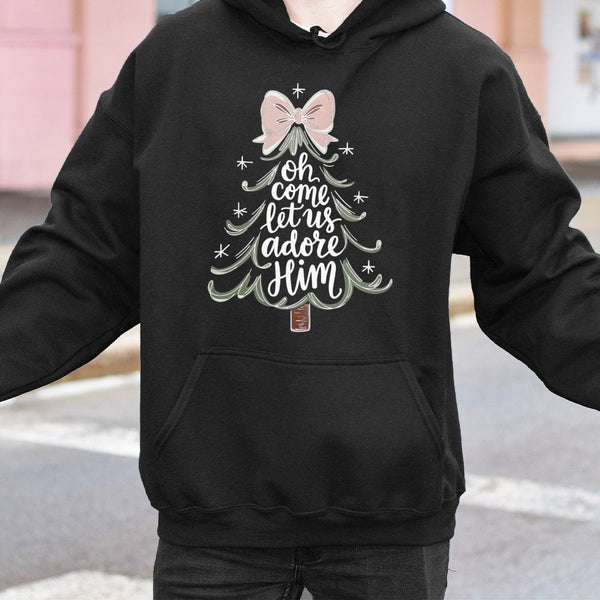Christmas Tree Bow Sweatshirt, Oh Come Let Us Adore Him Hoodie, Christian Holiday Hooded Pullover, Religious Xmas Hoodie, Fai