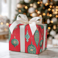 Red and Green Holiday Gift Wrap, Vintage Ornament Christmas Wrapping Paper, Retro Bauble Wrapping Paper, Elegant Festive Gift Wrap Roll