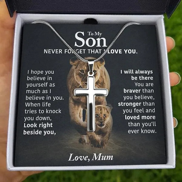 Polished Stainless Steel Cross Necklace, Lion Cross Necklace for Son, Inspirational Religious Cross Necklace, Birthday Christmas Son Present