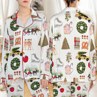 NYC Holiday Icons Pajamas, New York Christmas Satin Pajama Set, Festive City Sleepwear Set, Christmas Pajama Loungewear, NYC Fan Present