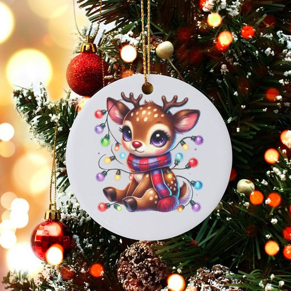 Adorable Deer with Christmas Lights Ornament, Kawaii Baby Reindeer Ceramic Ornament, Festive Holiday Tree Ornament, Winter Xm