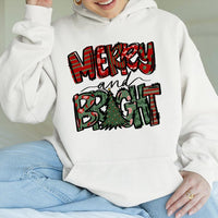 Festive Plaid Tree Graphic Hoodie, Merry and Bright Christmas Hoodie, Comfy Winter Holiday Hoodie