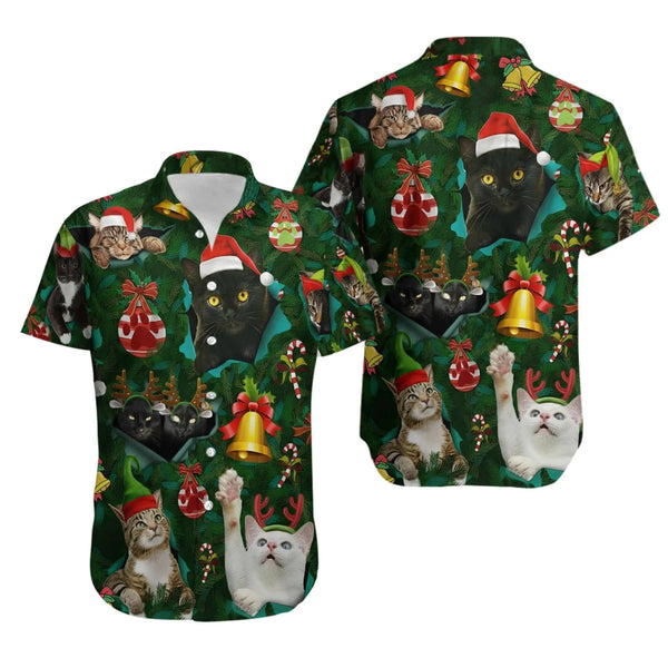 Festive Kitten Holiday Shirt, Christmas Cat Hawaiian Shirt, Humorous Xmas Cat Aloha Shirt, Tropical Winter Beach Shirt, Prese