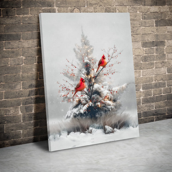 Snowy Christmas Tree Berries Canvas Print, Red Cardinal Winter Wall Art, Holiday Seasonal Decor, Nature Digital Download Canv