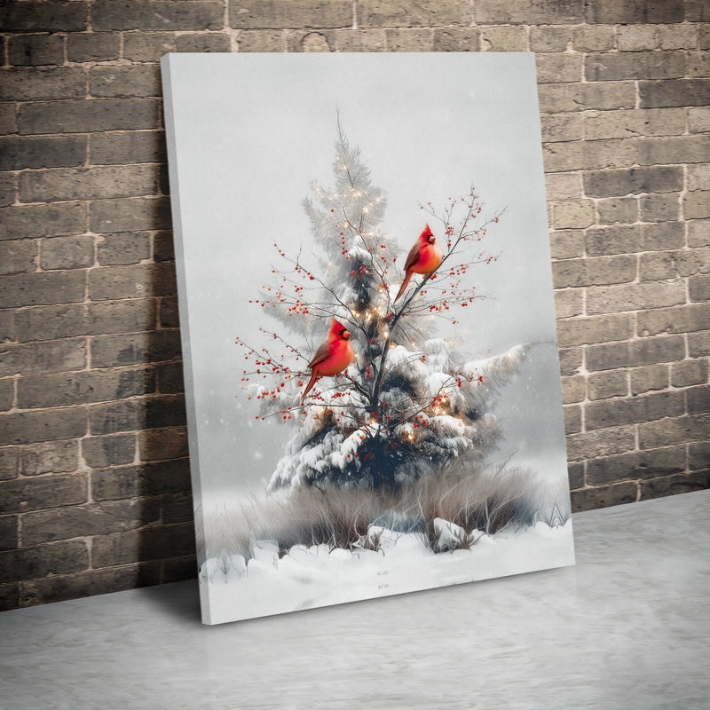 Snowy Christmas Tree Berries Canvas Print, Red Cardinal Winter Wall Art, Holiday Seasonal Decor, Nature Digital Download Canvas