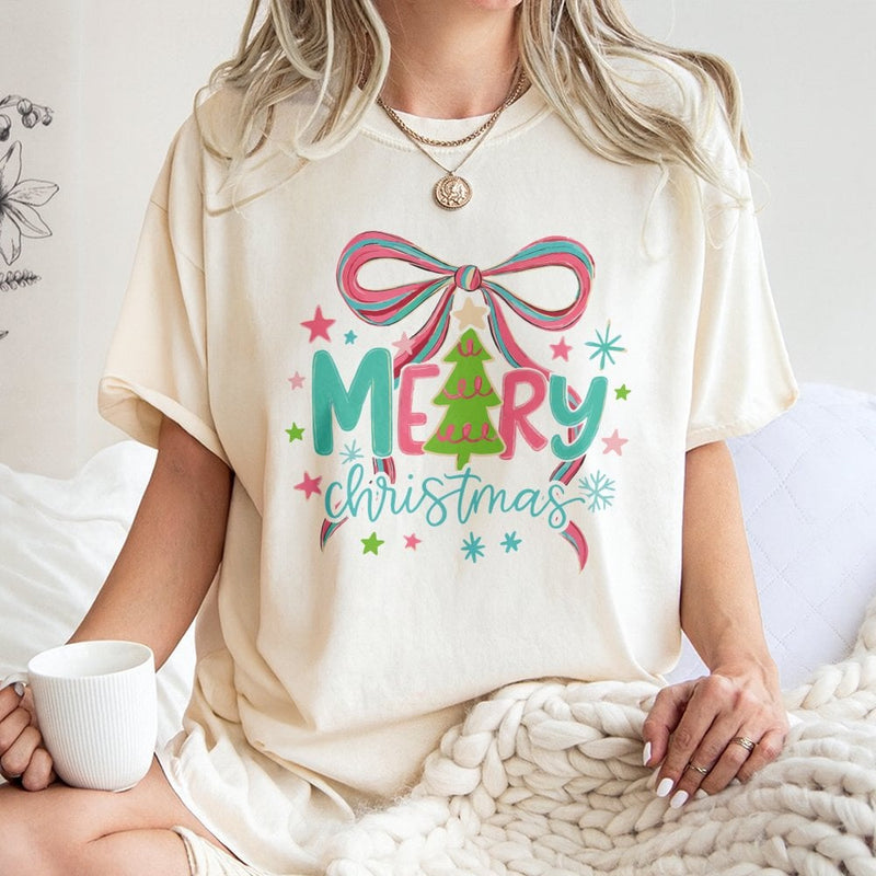 Coquette Tree Bow Graphic Tee, Bright Neon Christmas Tree T-Shirt, Trendy Merry Christmas Shirt, Festive Holiday Party Top