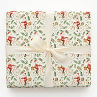 Vintage Bike Riding Santa Gift Wrap, Bicycle Santa Wrapping Paper, Watercolor Holly Berry Paper, Christmas Present Wrapping Paper Roll