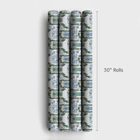 Holiday Front Door Gift Wrap, Blue Toile Christmas Wrapping Paper, Winter Wreath Festive Wrapping Paper, Elegant Xmas Gift Wrapping Paper