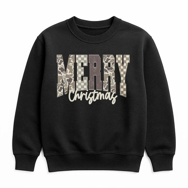 Checkered Holiday Lettering Crewneck, Merry Christmas Camo Sweatshirt, Southern Country Hunter Xmas Sweater, Winter Holiday P