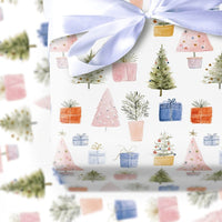 Potted Plant Holiday Gift Wrap, Watercolor Christmas Tree Wrapping Paper, Pastel Tree Present Paper, Winter Holiday Wrapping Paper Roll