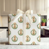 Dog Wreath Holiday Gift Wrap, Goldendoodle Christmas Wrapping Paper, Adorable Puppy Christmas Wrapping Paper, Dog Lover Gift Wrap Roll