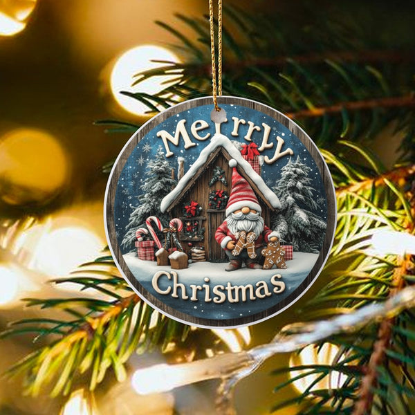 Snowy Cabin Gingerbread Gnome Ornament, Christmas Gnome Ceramic Ornament, Holiday Tree Ceramic Ornament, Adorable Winter Keep