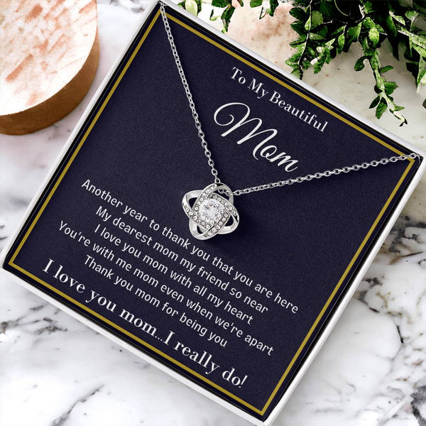 Cubic Zirconia Pendant Necklace, Love Knot Necklace for Mom, 14k White Gold Finish Jewelry, Meaningful Mother Christmas Prese