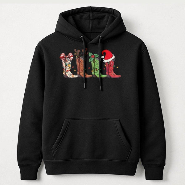 Cowboy Boot Holiday Hoodie, Western Christmas Hoodie, Cowgirl Winter Hooded Sweatshirt, Country Xmas Pullover Hoodie, Rodeo H