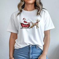 Santa Claus Sleigh Doodle Dog Graphic Tee, Goldendoodle Christmas T-Shirt, Humorous Dog Lover Xmas Shirt, Adorable Winter Pet Holiday Top