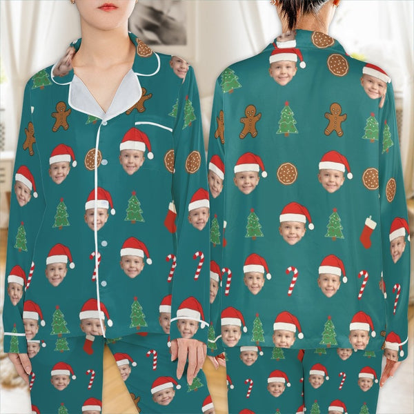Personalized Photo Holiday Pajama Set, Custom Face Christmas Pajamas, Matching Family Sleepwear Pajamas, Satin Xmas Loungewea