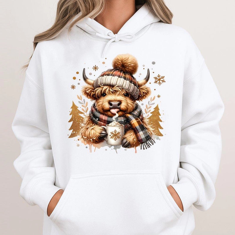 Festive Winter Animal Sweatshirt, Highland Cow Christmas Hoodie, Adorable Holiday Cow Hoodie, Comfy Farmhouse Xmas Pullover, Cow Lover Present