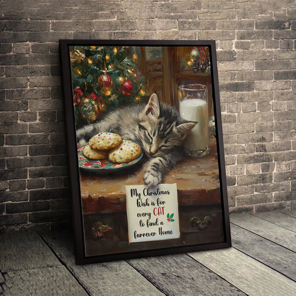 My Christmas Wish Quote Canvas, Sleeping Kitten Christmas Canvas Art, Adorable Cat Holiday Wall Art, Kitten Canvas Print, Cat