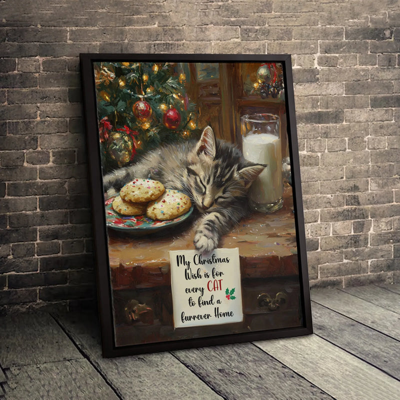 My Christmas Wish Quote Canvas, Sleeping Kitten Christmas Canvas Art, Adorable Cat Holiday Wall Art, Kitten Canvas Print, Cat Lover Xmas Present