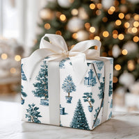 Blue and White Holiday Gift Wrap, Chinoiserie Christmas Wrapping Paper, Porcelain Style Tree Wrapping Paper, Elegant Winter Gift Wrap Roll