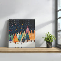 Folk Art Winter Forest Canvas Print, Whimsical Christmas Trees Wall Art, Colorful Snowy Night Poster, Holiday Decor, Digital Download