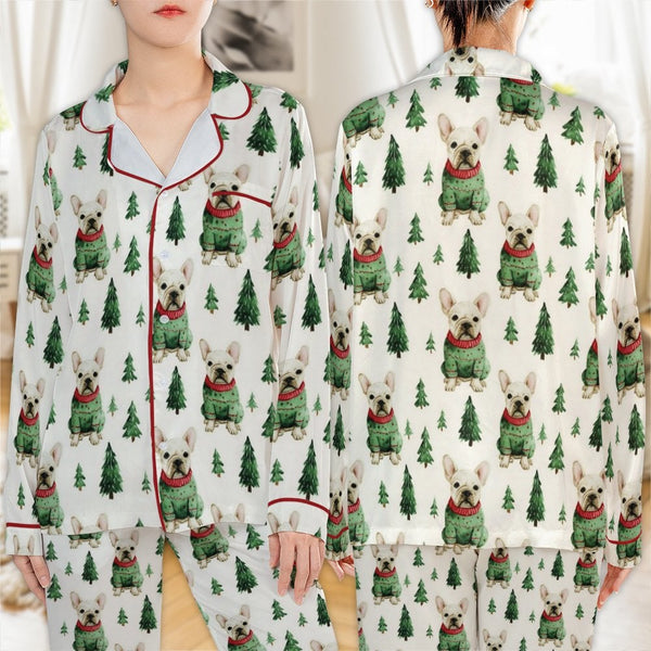 Christmas Dog Pajama Set, French Bulldog Satin Pajamas, Holiday Puppy Sleepwear Pajamas, Festive Frenchie Loungewear, Present