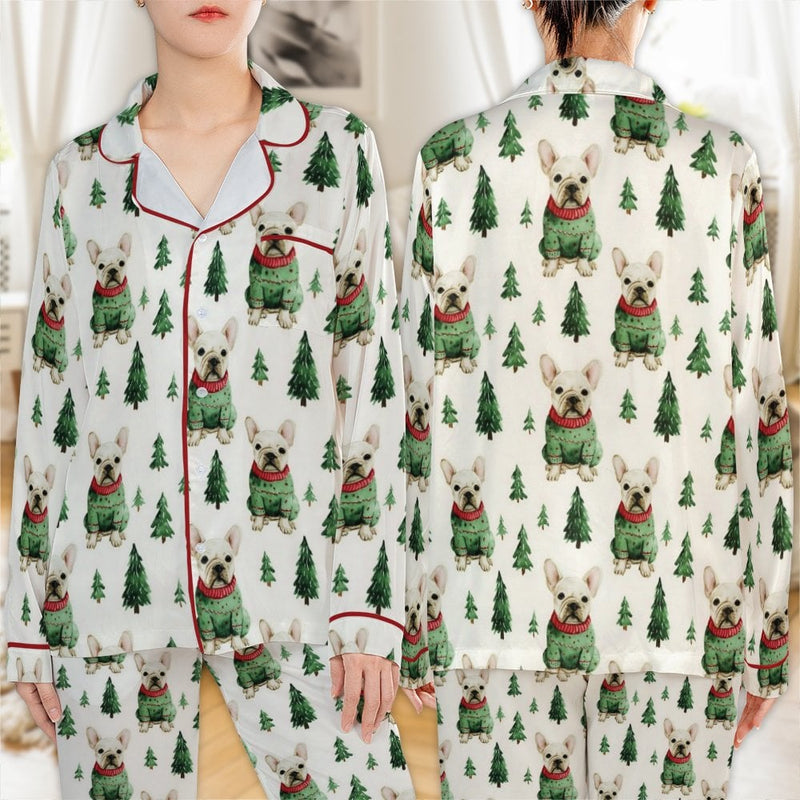 Christmas Dog Pajama Set, French Bulldog Satin Pajamas, Holiday Puppy Sleepwear Pajamas, Festive Frenchie Loungewear, Present for Dog Lovers