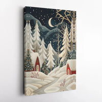 Snowy Winter Night Cabin Wall Art, Christmas Village Canvas Print, Comfy Holiday Landscape Decor, Xmas Digital Download Home Decor