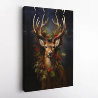 Rustic Deer Holly Wreath Print, Christmas Stag Canvas Wall Art, Holiday Winter Wildlife Canvas Painting Home Decor