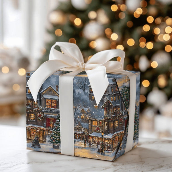 Festive Town Square Gift Wrap, Snowy Night Christmas Village Wrapping Paper, Winter Holiday Wrapping Paper, Comfy Nighttime G