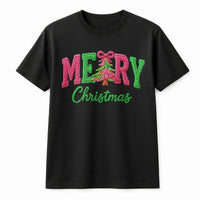 Knitted Look Graphic T-Shirt, Merry Christmas Faux Yarn Shirt, Comfy Knit Typography Holiday Tee, Vintage Faux Knit Xmas Shirt, Holiday Present