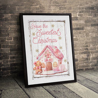 Pastel Christmas Wall Art, Pink Gingerbread House Canvas Print, Sweet Holiday Canvas Decor, Whimsical Xmas Wall Hanging