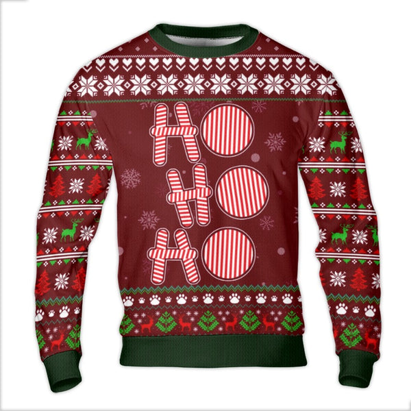 Candy Cane Holiday Sweater, Ho Ho Ho Ugly Christmas Sweater, Reindeer Paw Print Ugly Sweater, Humorous Dog Lover Xmas Crewnec