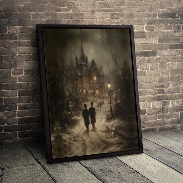 Snowy Christmas Night Canvas Art, Gothic Victorian Mansion Canvas Print, Winter Landscape Canvas Decor, Dark Cottagecore Hous