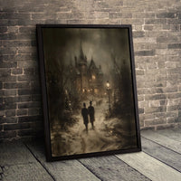 Snowy Christmas Night Wall Art, Gothic Victorian Mansion Poster, Moody Dark Academia Winter Landscape Print, Dark Decor, Digital Download