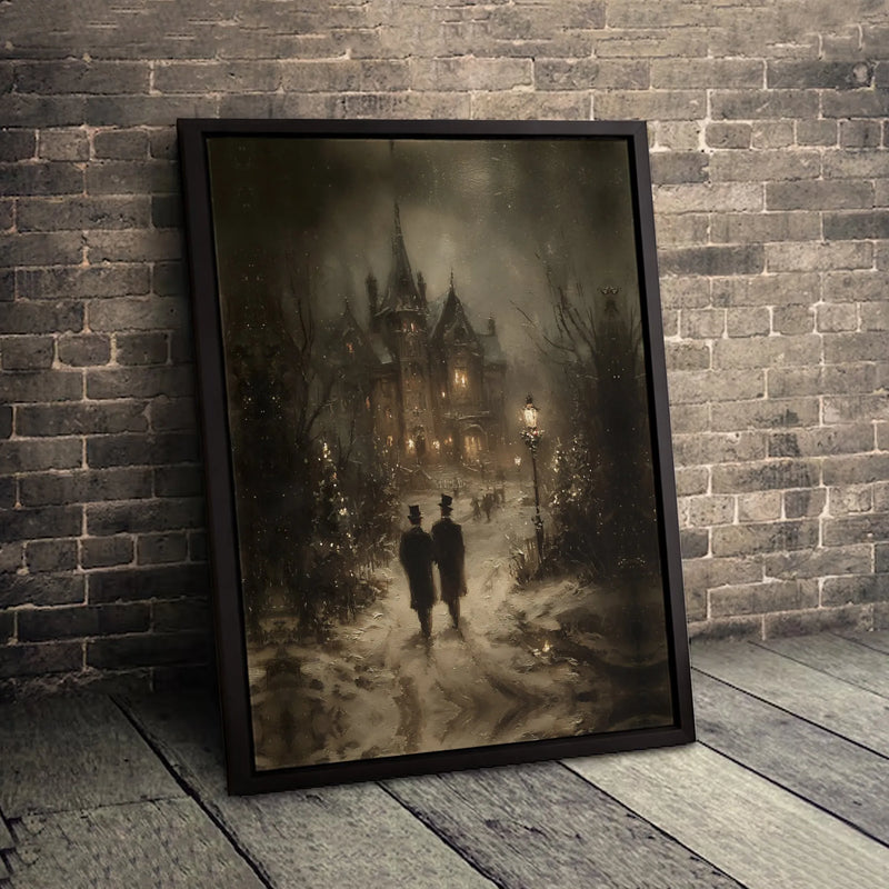 Snowy Christmas Night Wall Art, Gothic Victorian Mansion Poster, Moody Dark Academia Winter Landscape Print, Dark Decor, Digital Download