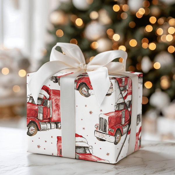 Santa Hat Trucker Gift Wrap, Semi Truck Christmas Wrapping Paper, Transportation Big Rig Wrapping Paper, Holiday Present Pape