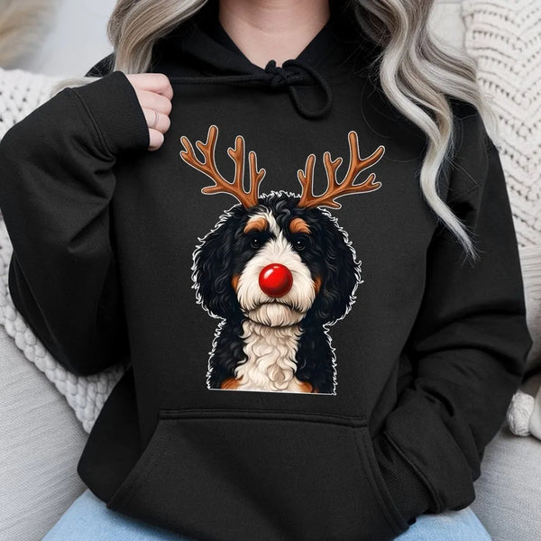 Reindeer Dog Holiday Hoodie, Bernadoodle Christmas Hoodie, Bernedoodle Sweatshirt, Adorable Dog Lover Graphic Hoodie, Present
