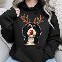 Reindeer Dog Holiday Hoodie, Bernadoodle Christmas Hoodie, Bernedoodle Sweatshirt, Adorable Dog Lover Graphic Hoodie, Present for Dog Mom and Dad