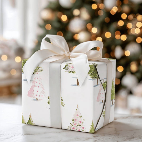 Pink Green Trees Holiday Wrapping Paper, Watercolor Christmas Tree Wrapping Paper, Festive Xmas Wrapping Paper Roll, Modern W