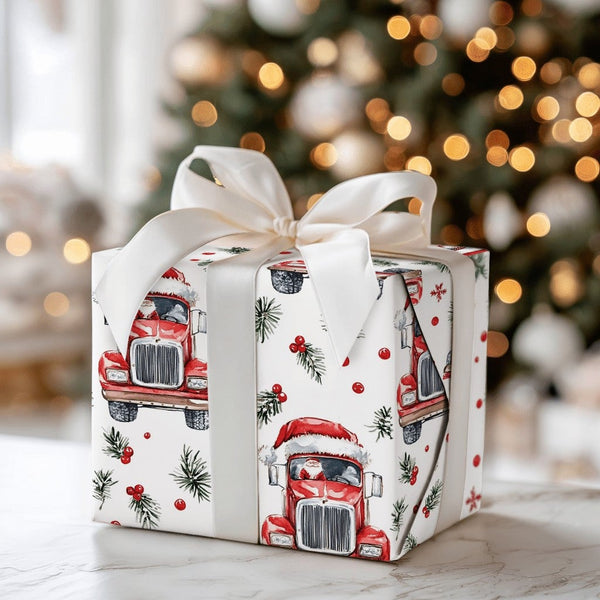 Christmas Trucker Gift Wrap, Santa Driving Semi Truck Wrapping Paper, Holiday Truck Driver Wrapping Paper Rolls, Festive Xmas