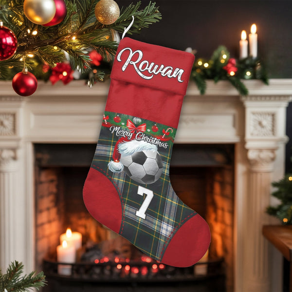 Custom Name and Jersey Number Holiday Stocking, Personalized Soccer Christmas Stocking, Plaid Xmas Stocking, Holiday Decor Pr