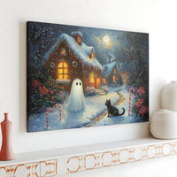 Holiday Cottage Black Cat Canvas Print, Christmas Ghost Canvas Wall Art, Whimsical Candy Cane Wall Canvas, Spooky Xmas Decor, Cat Lover Present