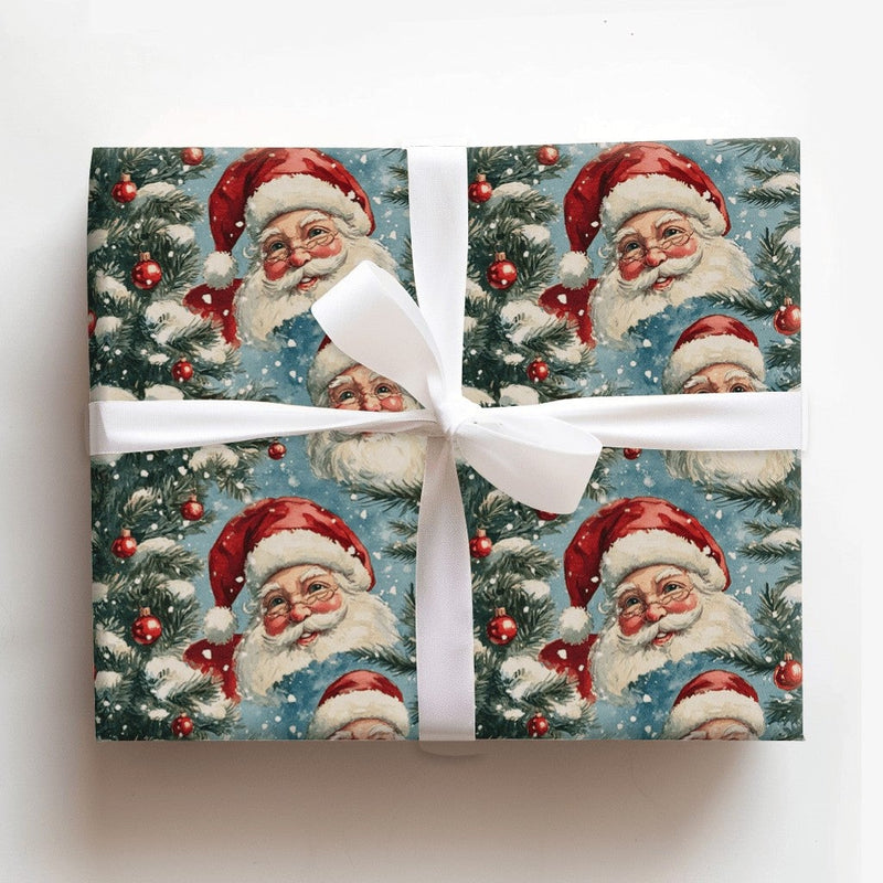 Christmas Tree Gift Wrap, Vintage Santa Wrapping Paper, Nostalgic Holiday Wrapping Paper, Retro Xmas Paper, Winter Gift Wrap Roll