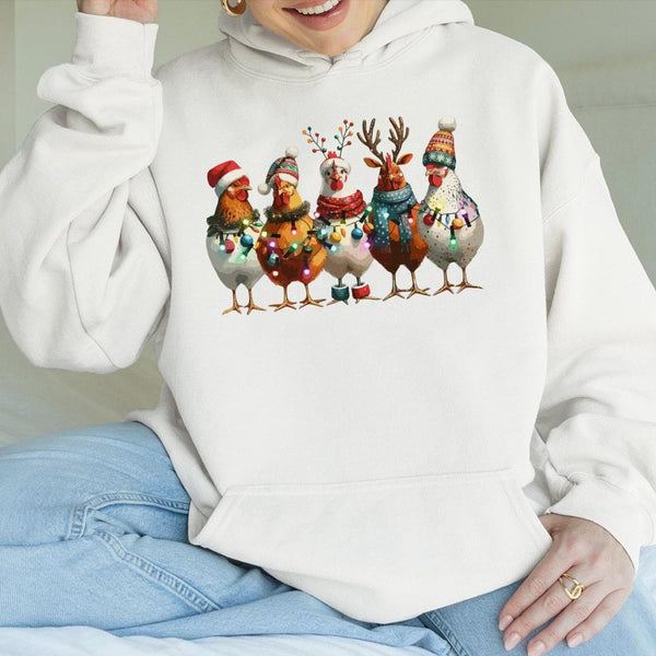 Farm Animal Holiday Lights Hoodie, Humorous Christmas Chicken Hoodie, Adorable Country Xmas Winter Hoodie, Festive Chicken Lo